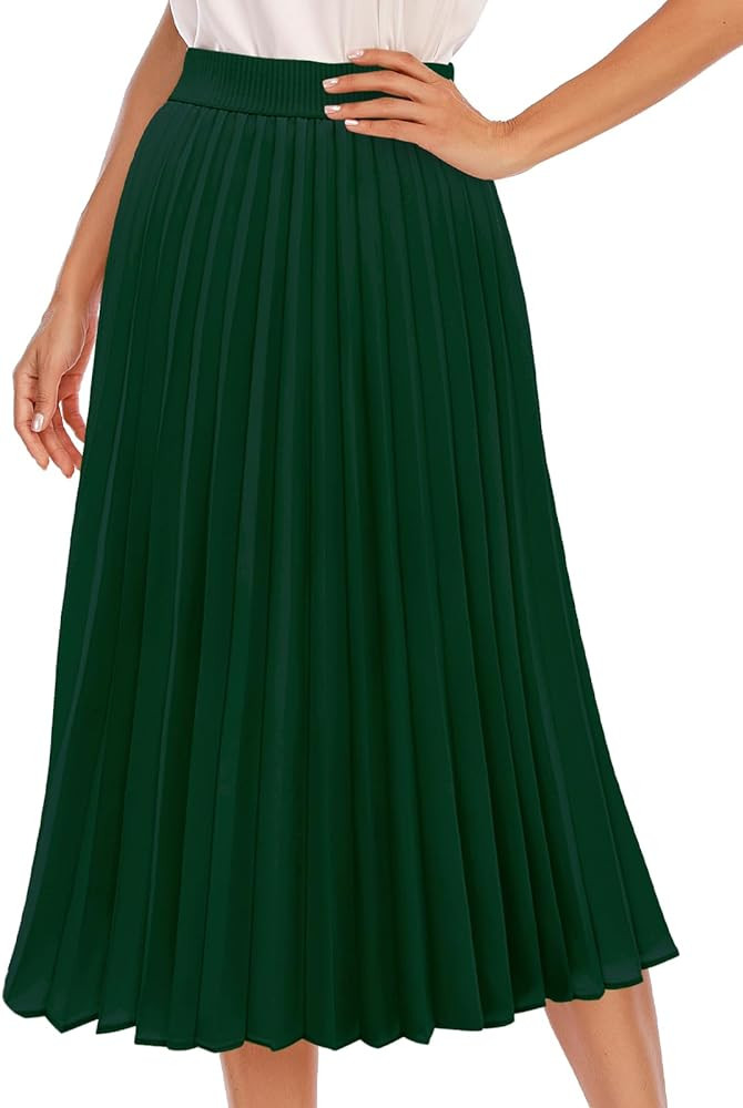 DRESSTELLS Pleated Midi Skirts for Women, Long Aline High Elastic Waisted Holiday Party Skirt | Amazon (US)