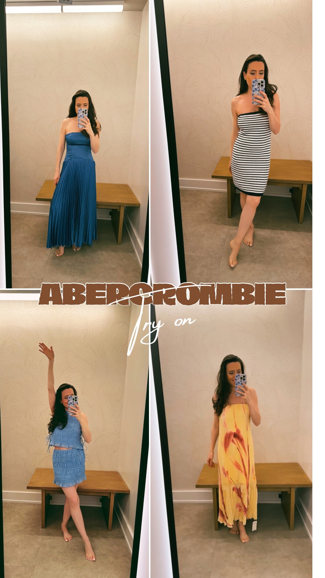 Abercrombie spring wedding guest try on, yellow pleated dress Small, blue pleated dress XS, striped mini dress XS, ruched set XS

#LTKPetite