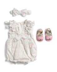 Newborn Girls 3pc Printed Bubble Romper Set With Headband And Shoes | TJ Maxx
