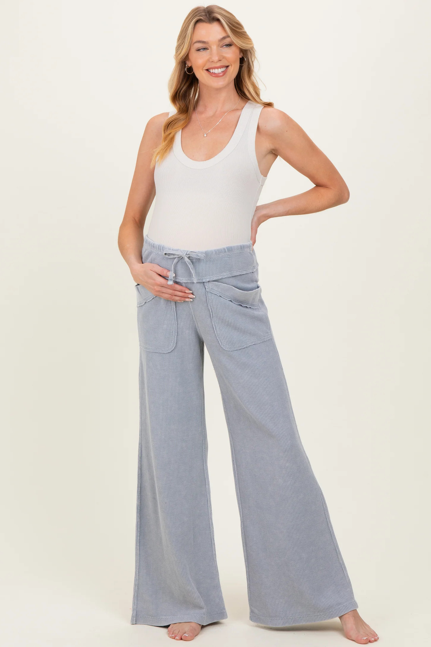 Olive Mineral Wash Waffle Knit Wide Leg Maternity Pants | PinkBlush Maternity