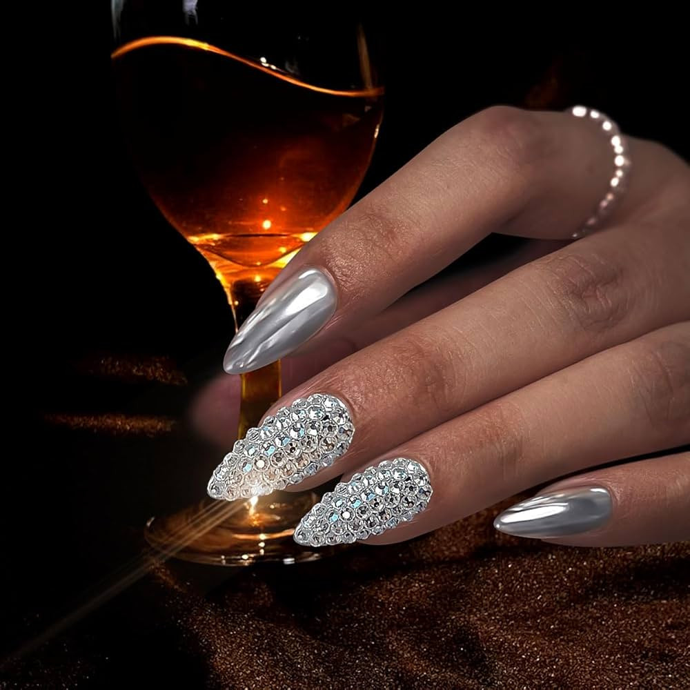 Yivaiks Silver Punk Metallic Press On False Nails Almond Chrome Mirror Rhinestones Fake Nails Ful... | Amazon (US)