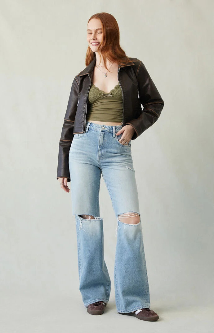 Women's Madison High Waisted Girlfriend Jeans Ripped Light Indigo in Medium Indigo - Size 22 | PacSun