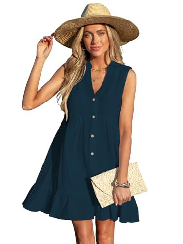 CUPSHE Women Beach Cover Ups 100% Cotton V Neck Ruffle Hem Bathing Suit Coverup Dress Navy, XS | Amazon (US)