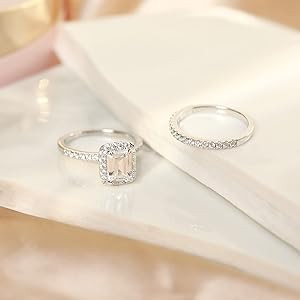 POMODA 2CT Engagement Rings for Women CZ Silver Wedding Ring Sets Emerald Cut Bridal Rings Sets C... | Amazon (US)