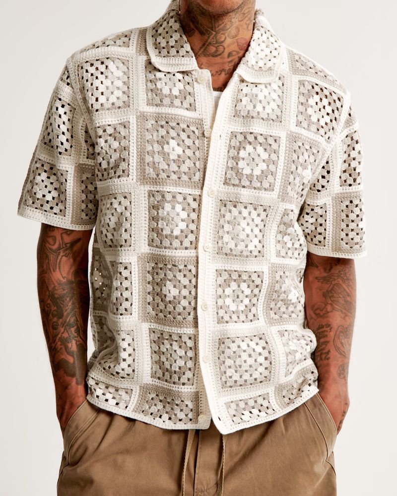 Men's Crochet-Style Pattern Button-Through Sweater Polo | Men's Tops | Abercrombie.com | Abercrombie & Fitch (US)