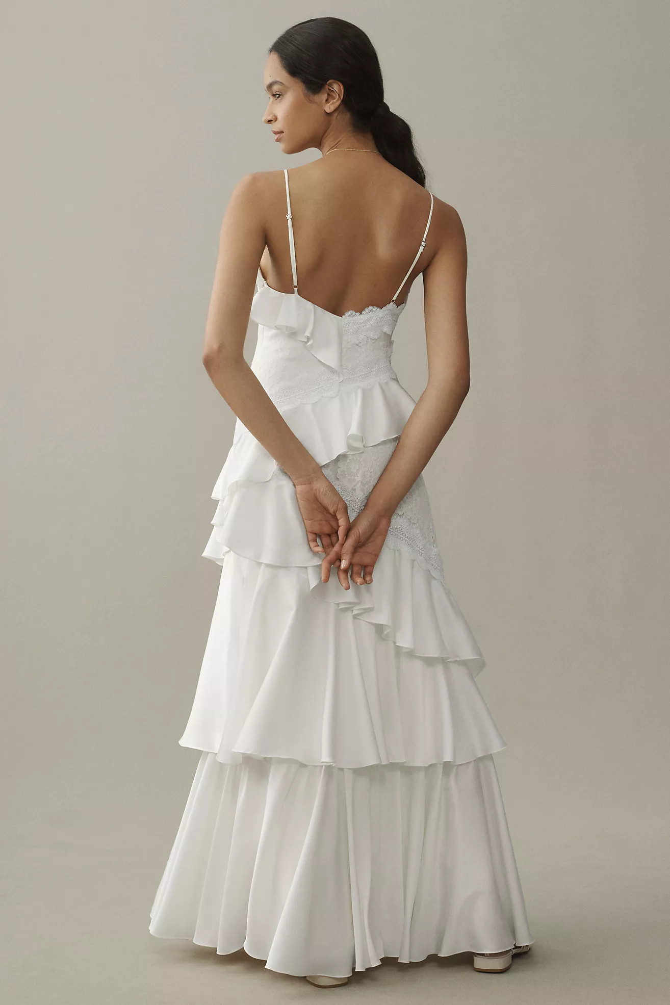 BHLDN V-Neck Tiered Ruffle Lace Satin Maxi Dress | Anthropologie (US)