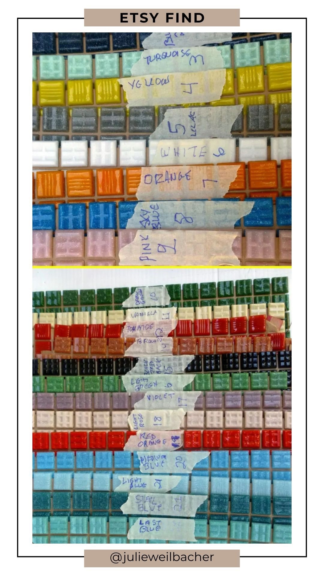 Studio stash alert! 🔥 If you’ve ever struggled to find vitreous glass tile that comes on paper backing, this set of 225 pieces is one to bookmark. Perfect for mosaic artists, mixed-media makers, and DIY decor lovers...these tiles make laying out designs faster and easier without losing your mind (or scattering tiles everywhere). Great for stepping stones, tabletops, backsplash accents, garden art, and more.

For mosaic tips, tutorials, inspiration, and so much more please visit my YouTube channel: YouTube.com/julieweilbacher. Follow @julieweilbacher on Instagram for all things mosaic art.

#mosaicart #craftsupplies #mixedmediaart #vitreousglasstile #etsy #glasstile #homedecorideas #artmaterials #creativeprojects #studiostash #artiststudio #diydecor #tileart #creativehome

#LTKFindsUnder50 #LTKHome