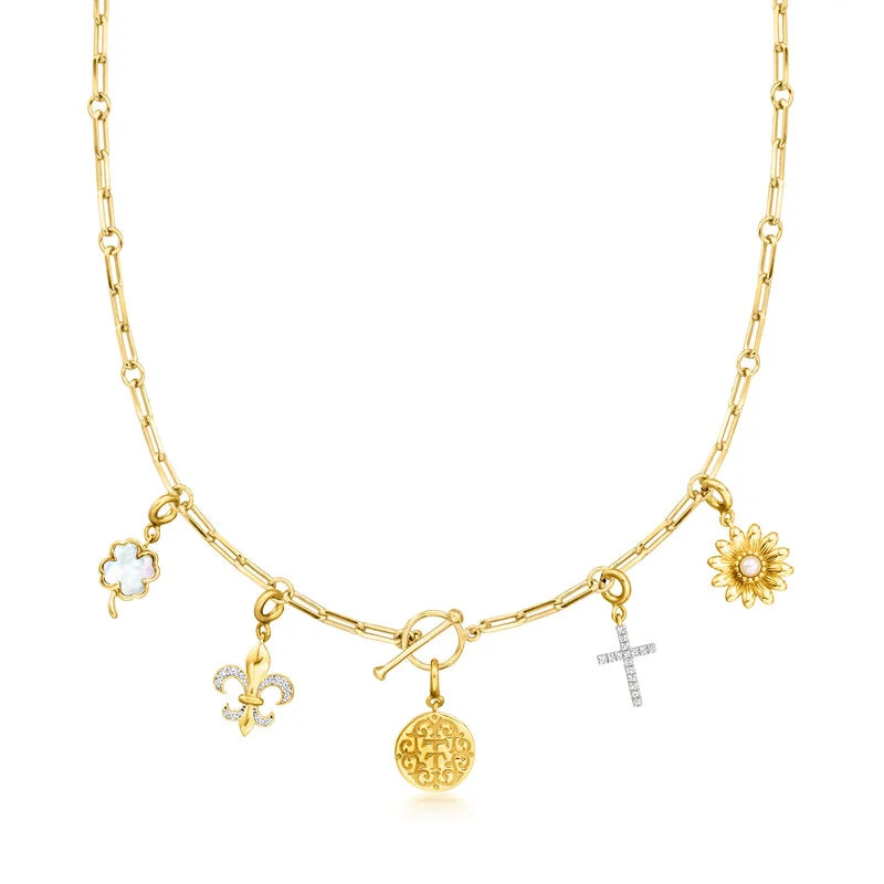 18kt Gold Over Sterling "T and T Twin Talk" Multi-Charm Paper Clip Link Toggle Necklace | Ross-Simons