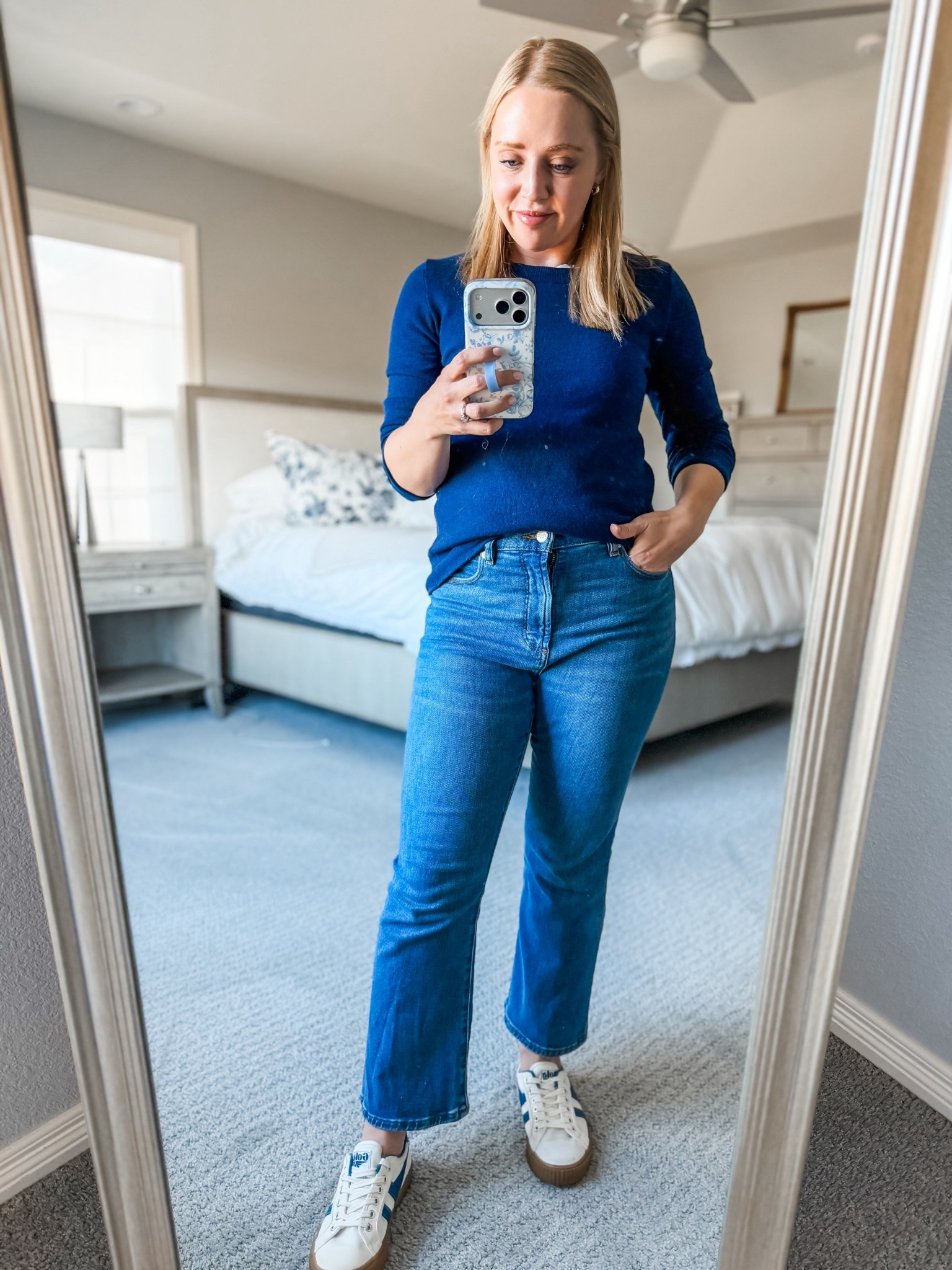 Casual mom on the go outfit featuring petite jeans and this teddie sweater that comes in so many colors! I’ve had these gola sneakers for years and the retro feel makes them one of my go to tennis shoes. Sized down to xs in the sweater and jeans and sneakers fit tts. 

#LTKootd #LTKPetite #LTKmomlife