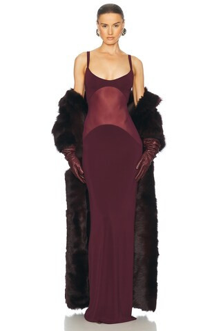 Helsa Sheer Knit Curve Maxi Dress in Wine | FWRD 