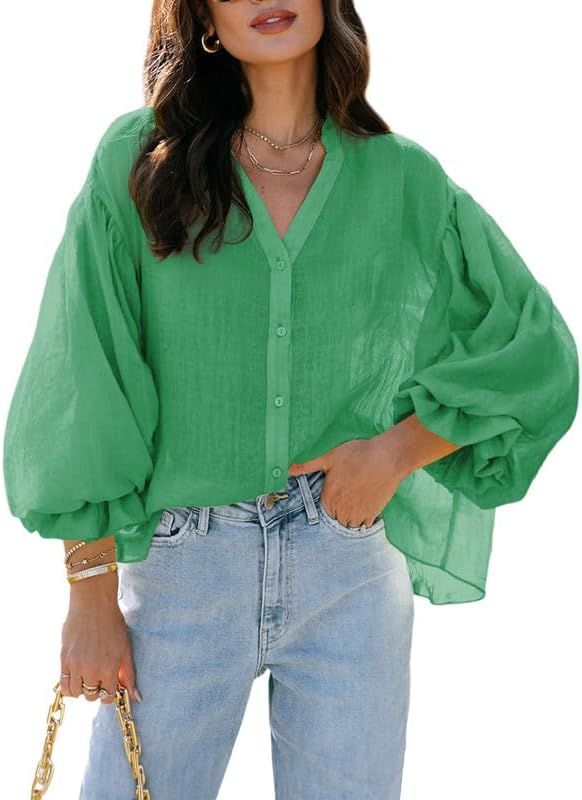 SHEWIN Women's Casual V Neck Button Down Shirts Loose Long Sleeve Blouses Tops | Amazon (US)
