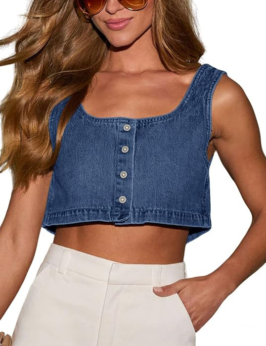 Limerose Women's Reversible Denim Tank Top Button Front Crop Sleeveless Cami | Amazon (US)