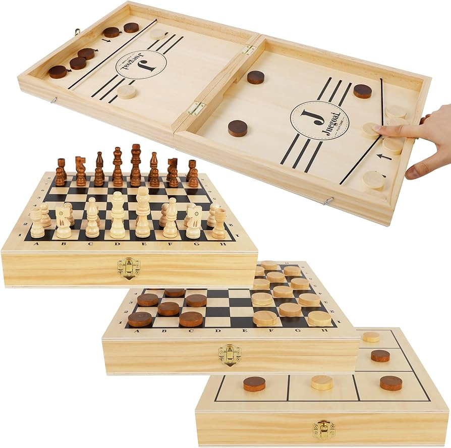 Juegoal 4-in-1 Wooden Fast Sling Puck Set for Kids and Adults, Chess, Checkers, Tic Tac Toe Games... | Amazon (US)