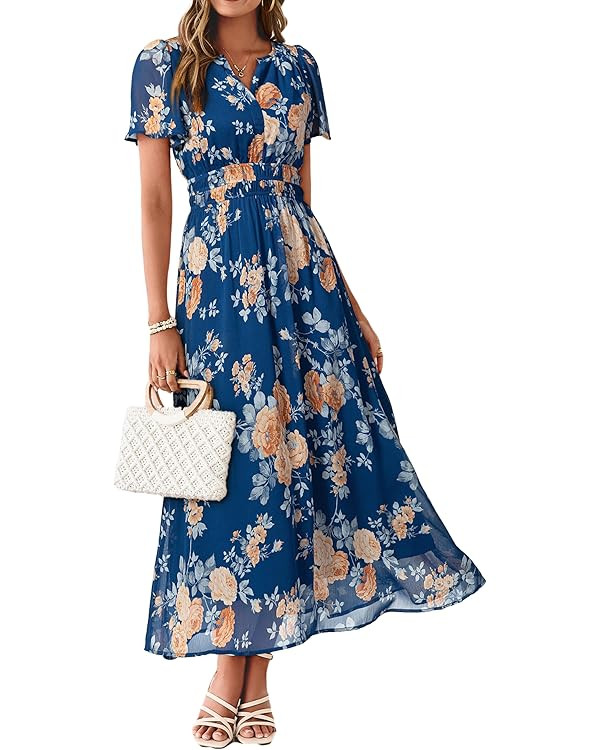 Simplee Women Floral Summer Maxi Dress Boho Flowy Casual Chiffon Short Sleeves V Neck Long Weddin... | Amazon (US)