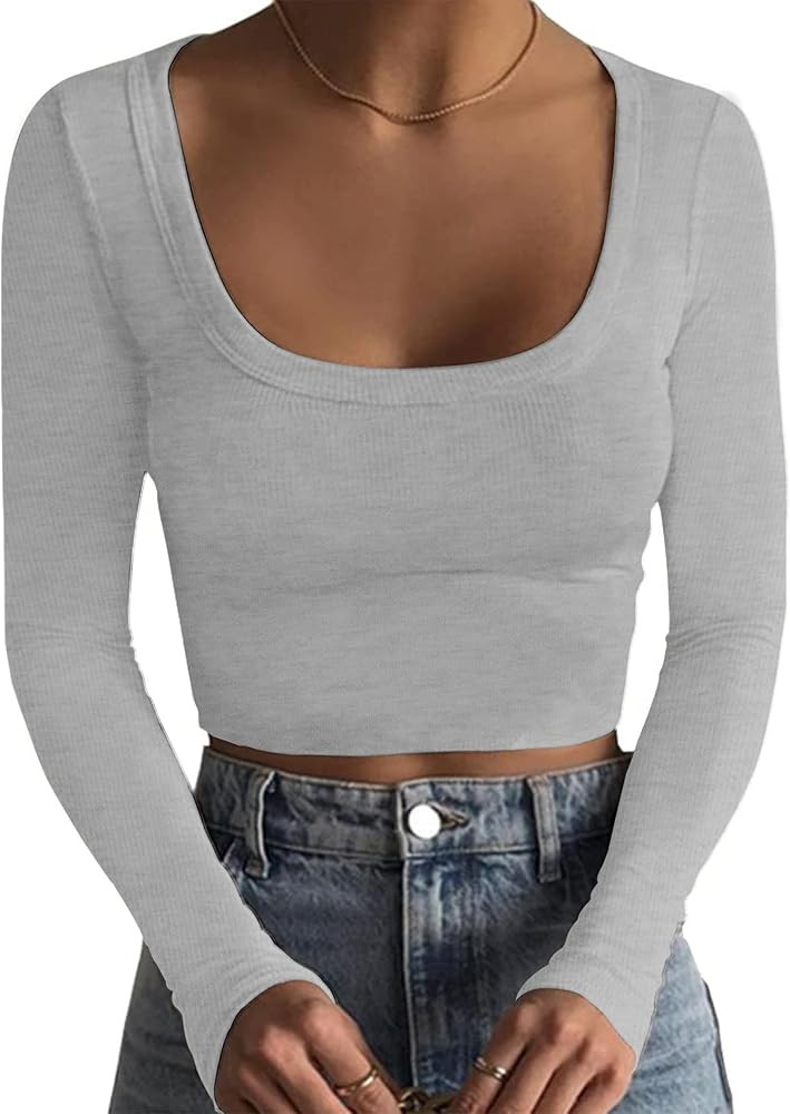 MISSACTIVER Women’s Basic Square Neck Ribbed Knit Crop Top Long Sleeve Slim Fit Fall Casual Cro... | Amazon (US)
