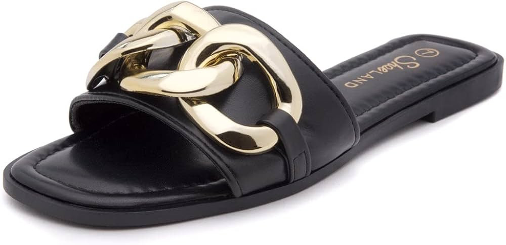 Shoe Land Womens EMMA Flat Sandals Square Open Toe Single Band Slides | Amazon (US)