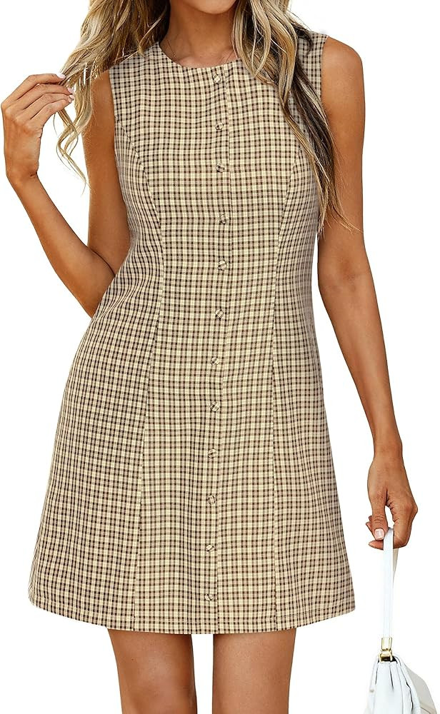 BTFBM Summer Dresses for Women 2026 Plaid Sleeveless Zip Up A Line Mini Dress Business Casual Vac... | Amazon (US)