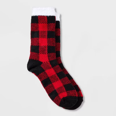 Women's Buffalo Check Plaid Double Lined Cozy Crew Socks - A New Day™ Red/Black 4-10 | Target