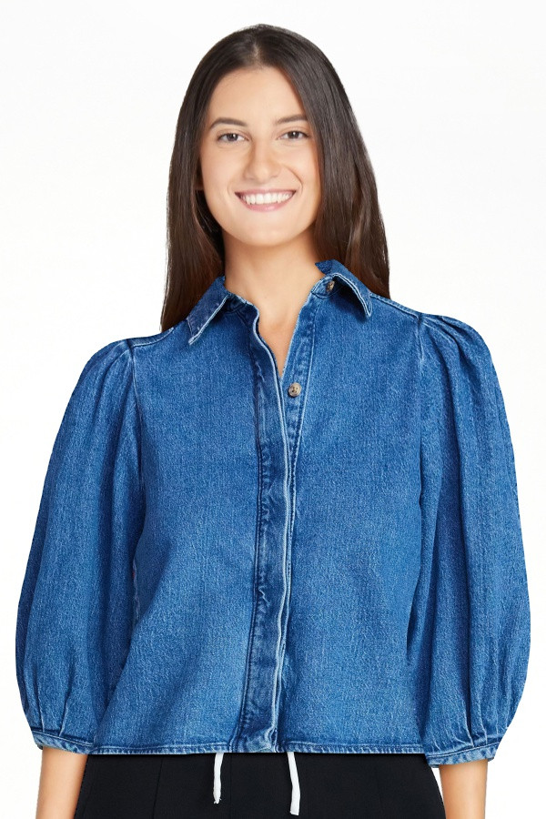 Scoop Women’s Denim Shirt with 3/4 Length Puff Sleeves, Sizes XS-XXL | Walmart (US)