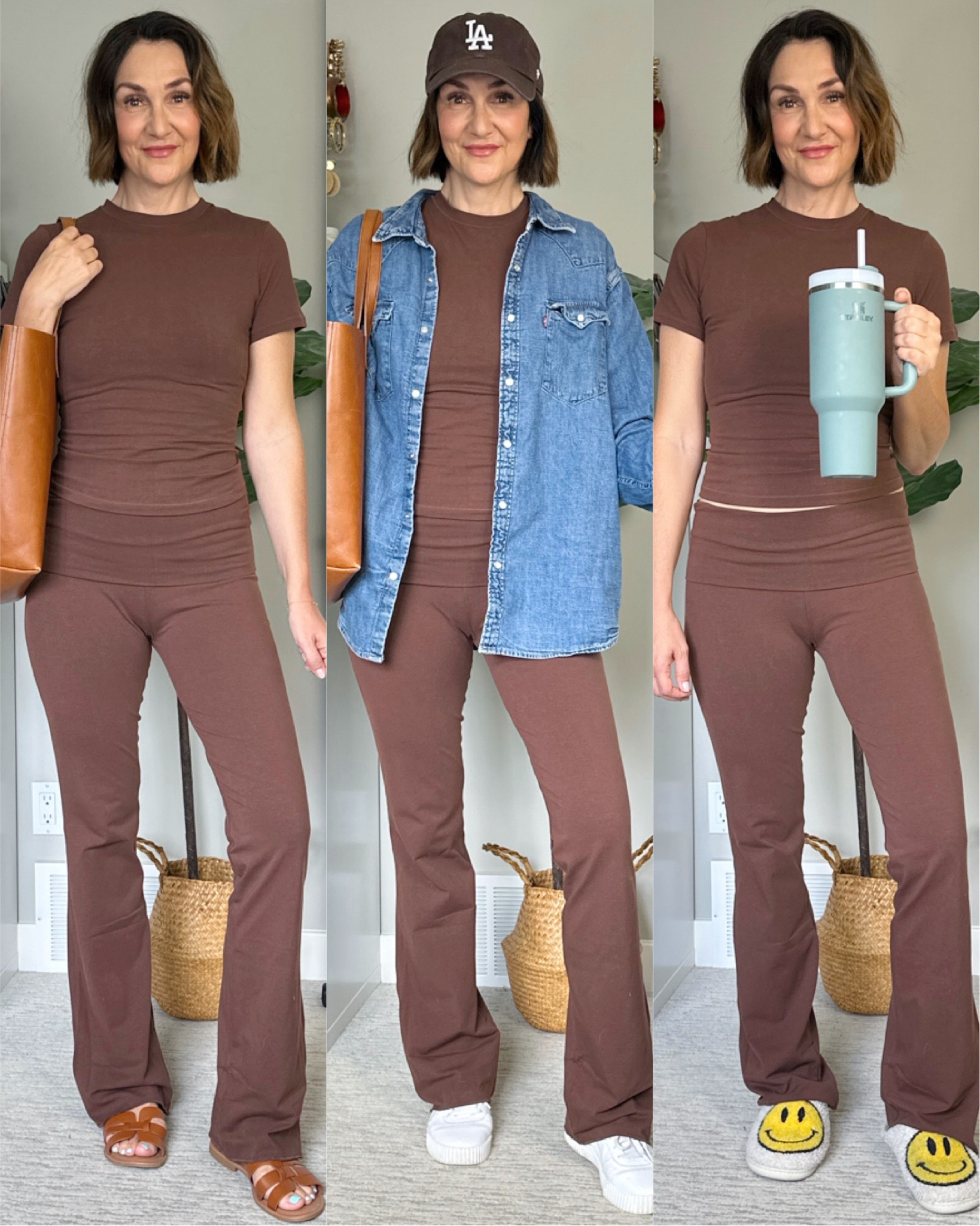 Lounge set for errands, travel and just lounging!
I’m 5’ 7 wearing my usual size S, fits tts and the pants are nice and long.
Sized up to XL in the denim shirt for an oversized fit. Brown sandals fit narrow, I went up 1/2 size.


#LTKOver40 #LTKStyleTip #LTKFindsUnder50