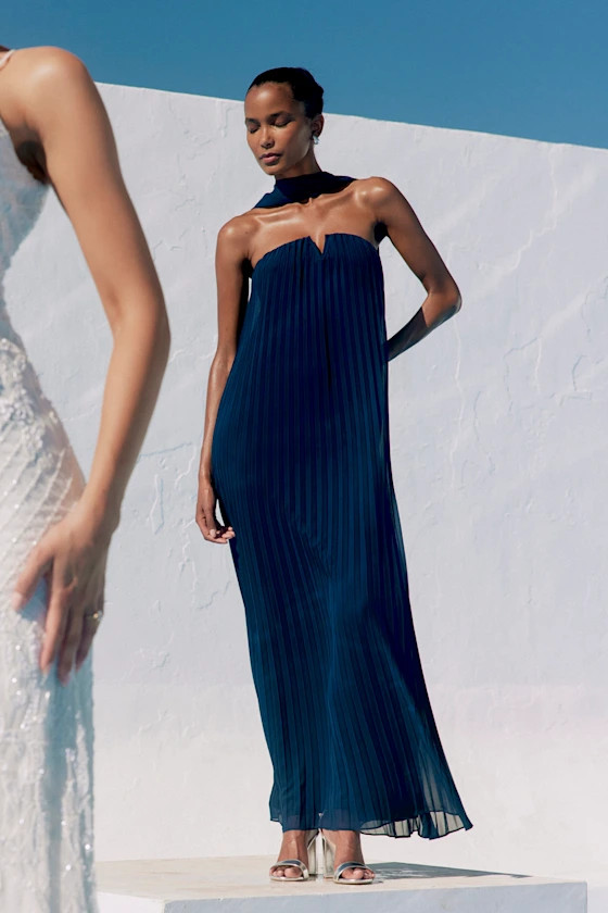 Lael Navy Pleated Strapless Dress and Scarf Set | Lulus