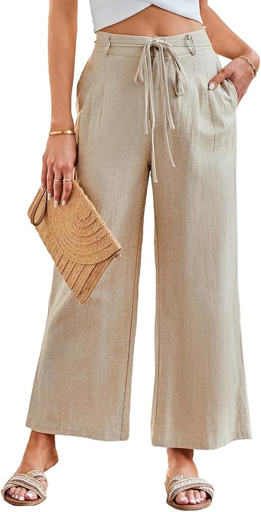 JASAMBAC Women's Linen Palazzo Lounge Pants High Waist Straight Wide Leg Fall Beach Causal Trouse... | Amazon (US)