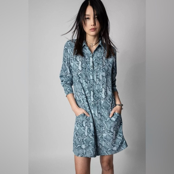 ZADIG & VOLTAIRE NWOT Rougi Snake Printed Button Front Mini Dress in Bleu | Poshmark