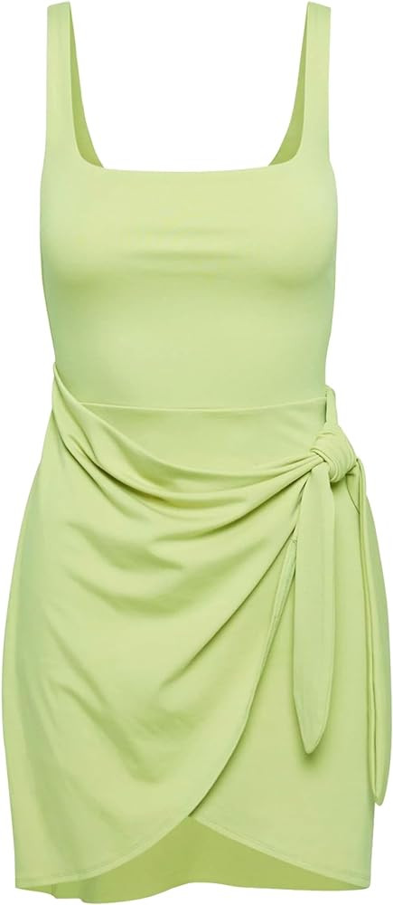 LuFeng Summer Sexy Square Neck Sleeveless Ruched Tie Waist Mini Dress for Women Party Club Tank D... | Amazon (US)