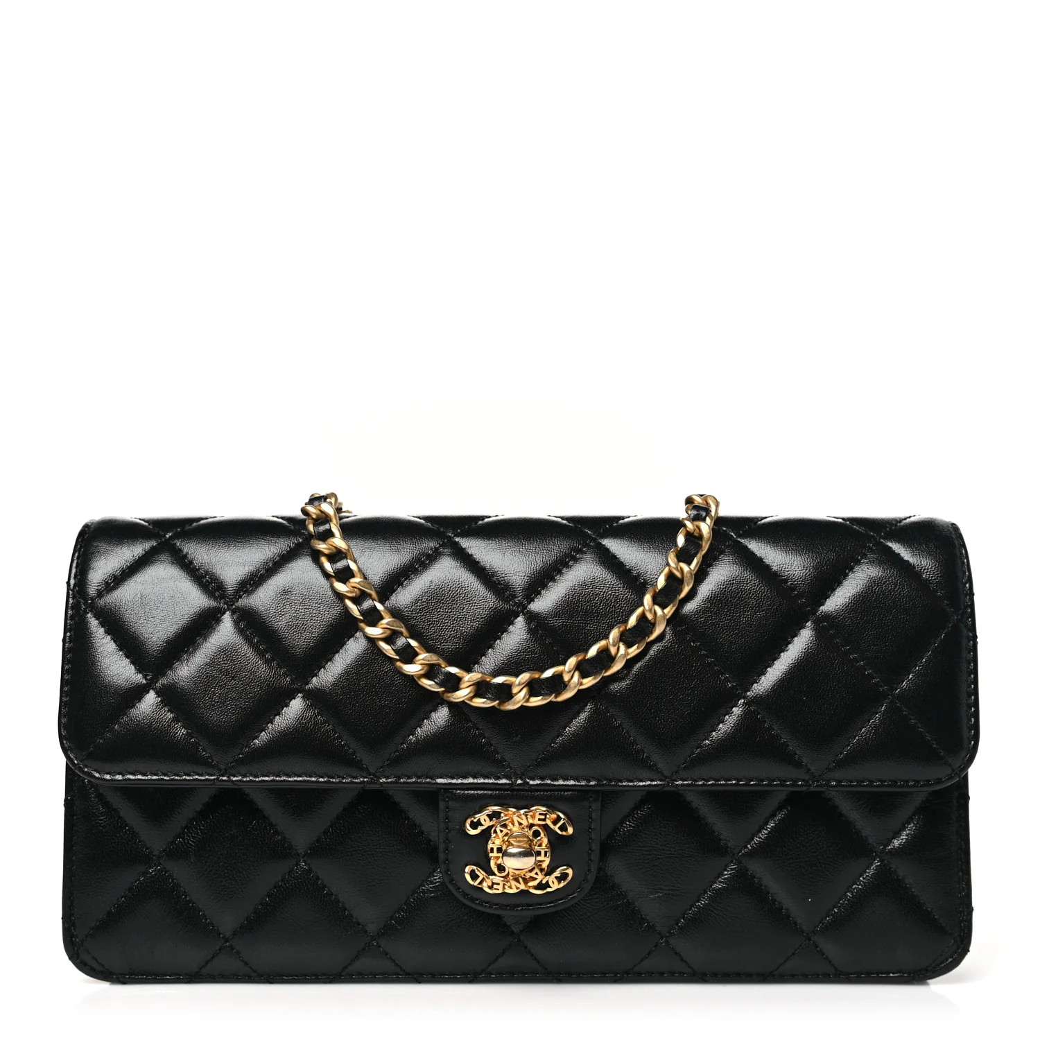Shiny Lambskin Quilted Flap Clutch Bag Black | FASHIONPHILE (US)