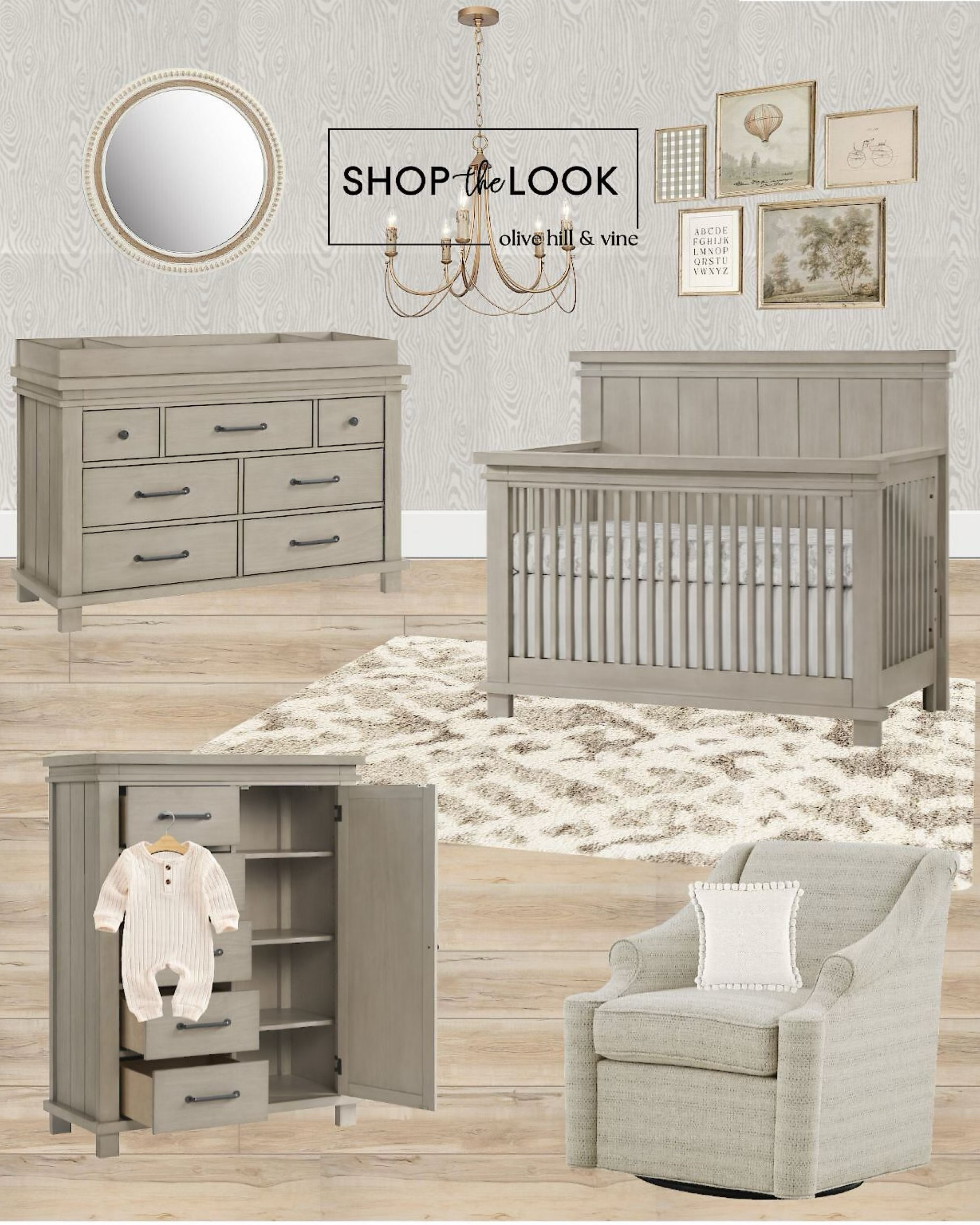 Create a dreamy greige nursery with our curated collection! Featuring a chic round wood mirror with beaded detailing, abstract plush rug, woodgrain wallpaper, cozy upholstered swivel glider, and a matching furniture set including a convertible crib, changing table dresser, and chifferobe. Top it off with a gorgeous dimmable chandelier and vintage art set for the perfect touch. 

#LTKBaby #LTKHome #LTKBump