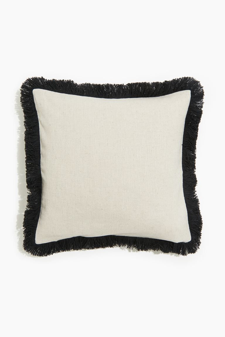 Linen-blend Cushion Cover with Fringe - Light beige/black - Home All | H&M US | H&M (US + CA)