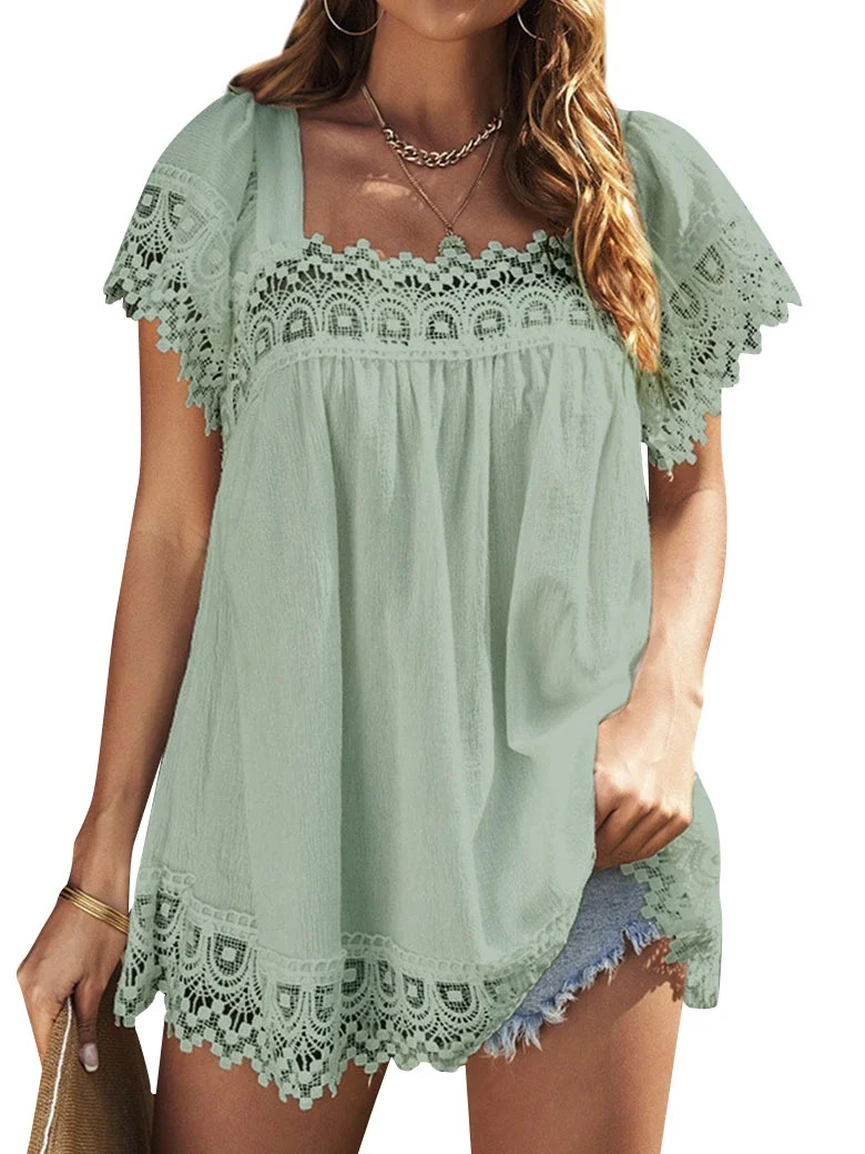 HUBERY Women Crochet Cutout Square Neck Solid Color Short Sleeve Top | Walmart (US)