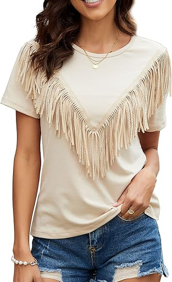PESION Women's Fringe Trim Shirts Short Sleeve Tassel Trim Blouse T-Shirt Tops | Amazon (US)