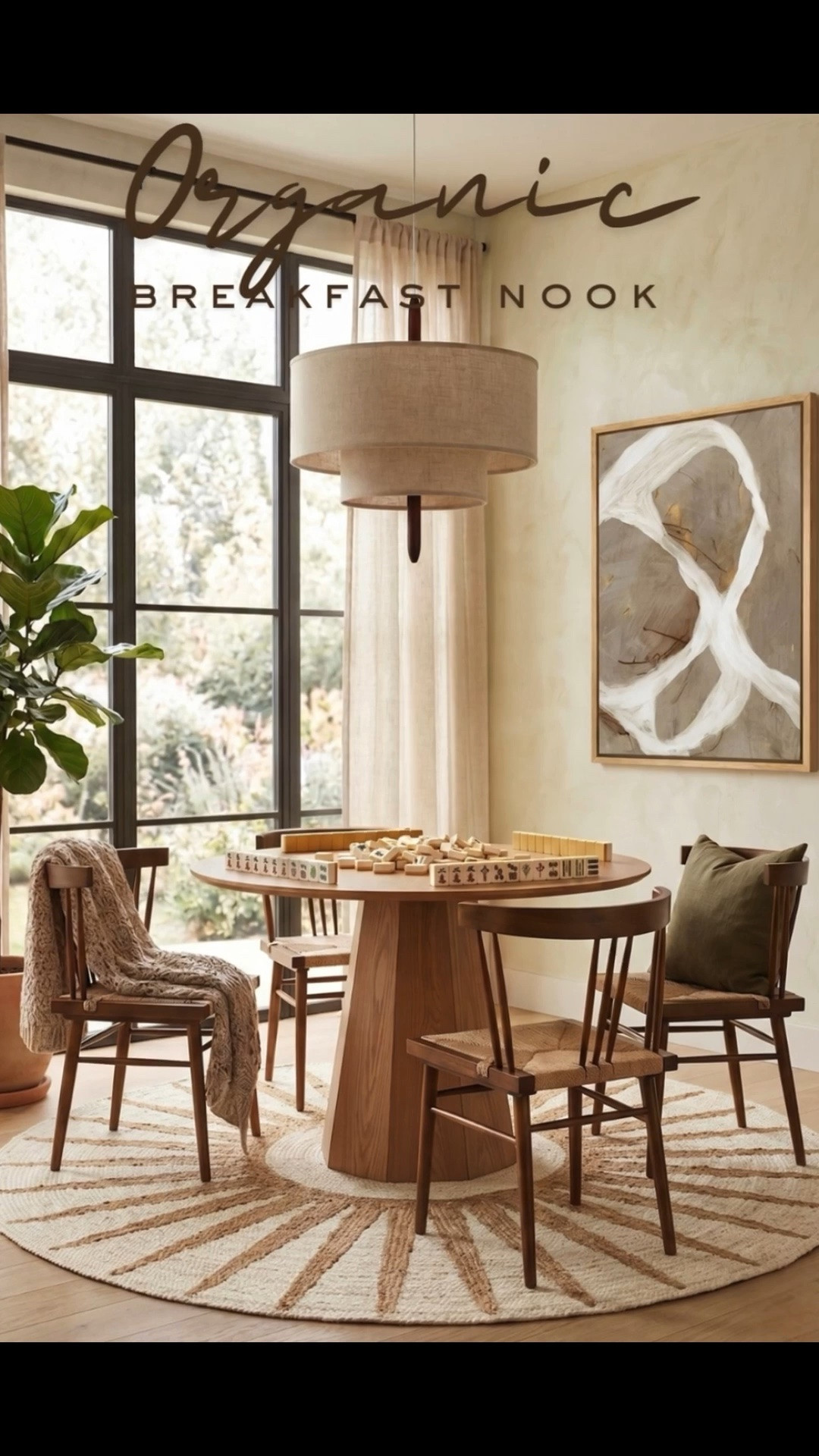 Breakfast or Sunday morning Mahjong this table is the perfect size and these woven seat chairs are so unique and so special and the price is amazing. Organic modern home, Round pedestal dining table, Woven seat chairs, Tiered linen pendant light, Sunburst jute rug, Neutral breakfast nook, Warm minimalist decor, Abstract wall art, Fiddle leaf fig plant, Scandi-boho interior

#LTKHome #LTKmorningroutine