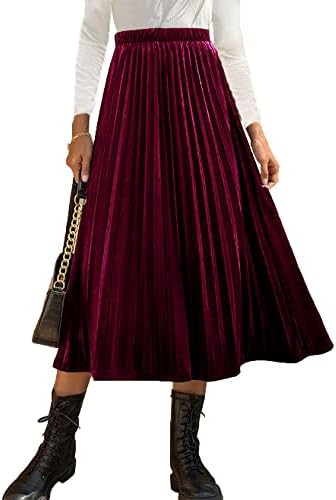 HERBATOMIA Women’s High Elastic Waist Skirt Pleated A Line Swings Midi Velvet Skirts for Women | Amazon (US)