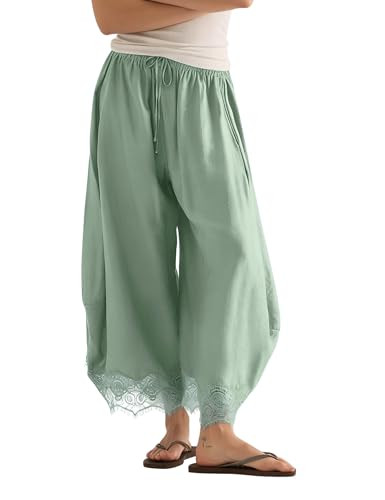 Women's Cropped Lace-Hem Pants High Waisted Drawstring Wide Leg Pants Casual Lightweight Trousers... | Amazon (US)