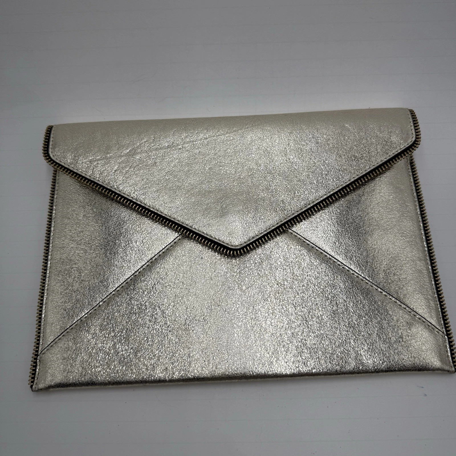 Rebecca Minkoff Leo Envelope Zipper Edge Silver Leather Clutch Purse | eBay AU
