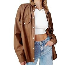Zontroldy Faux PU Leather Shacket Jacket Women Spring Fall Fashion Button Shirt Jacket Blazer Coat | Amazon (US)
