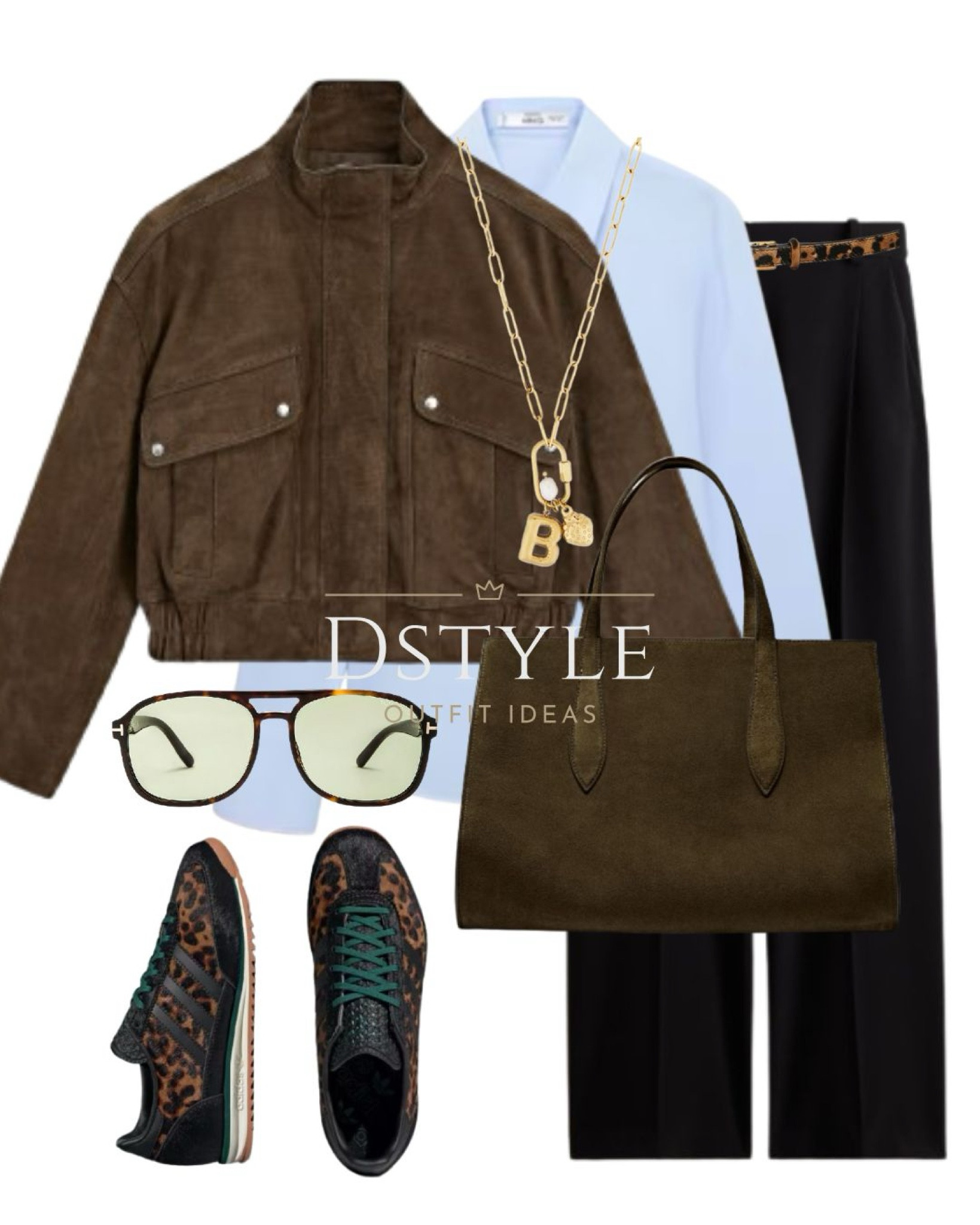 Brown nabuck suede jacket, sky blue fitted cotton shirt, black trousers/pants, leo print leather belt, Adidas SL 72 sneakers/ trainers, green suede maxi tote bag 

 #LTKWorkwear #LTKShoeCrush #LTKItBag