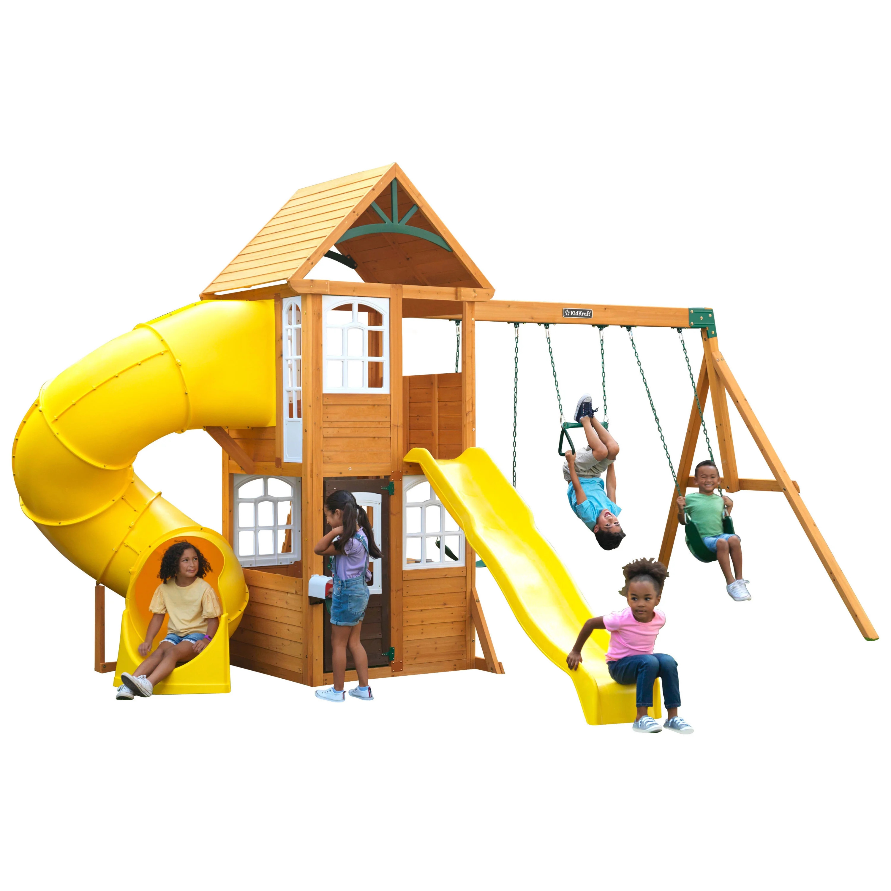 KidKraft Castlewood Wooden Swing Set / Playset with Clubhouse, Mailbox, Slide and Play Kitchen | Walmart (US)