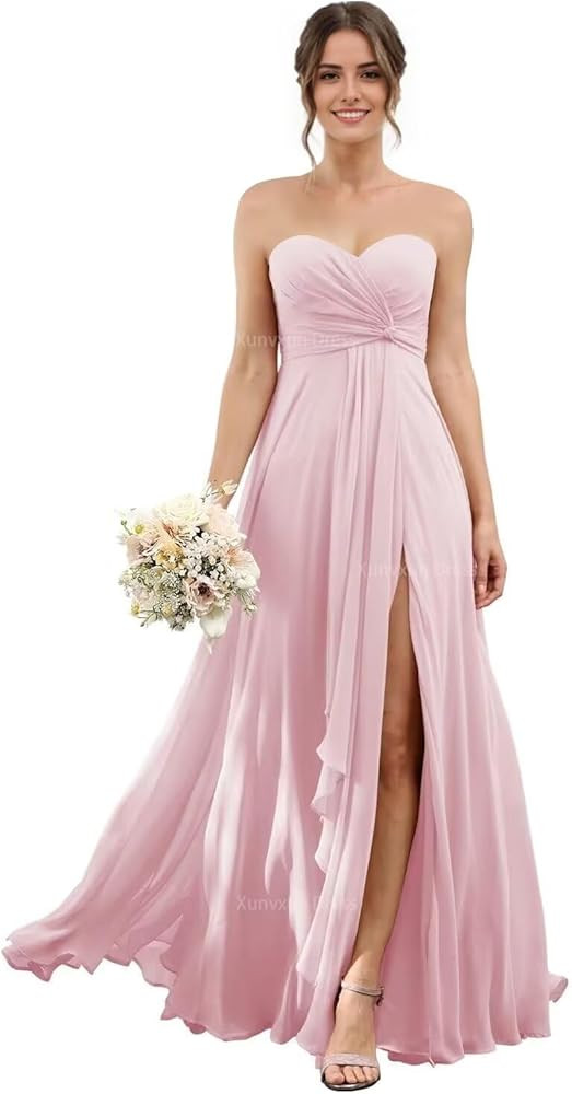 Sweetheart Chiffon Bridesmaid Dresses with Slit Long Pleated Prom Dress Strapless Formal Party Go... | Amazon (US)