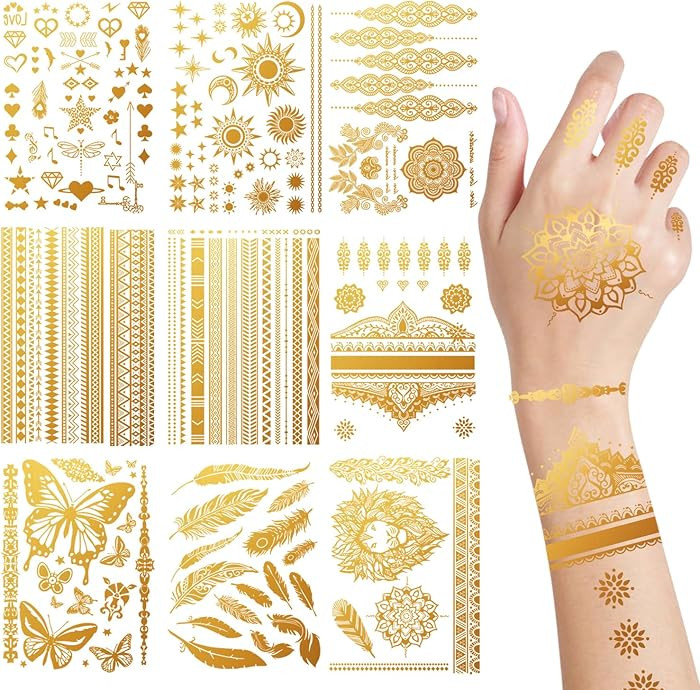 9Pcs Gold Foil Temporary Tattoo Stickers with Sparkling Moon, Star, and Butterfly Sequin Design f... | Amazon (US)
