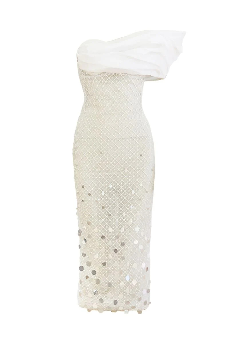 WHITE SPARKLING OFF-SHOULDER BODY MIDI DRESS | Do Long | CULT MIA | CULT MIA UK LTD