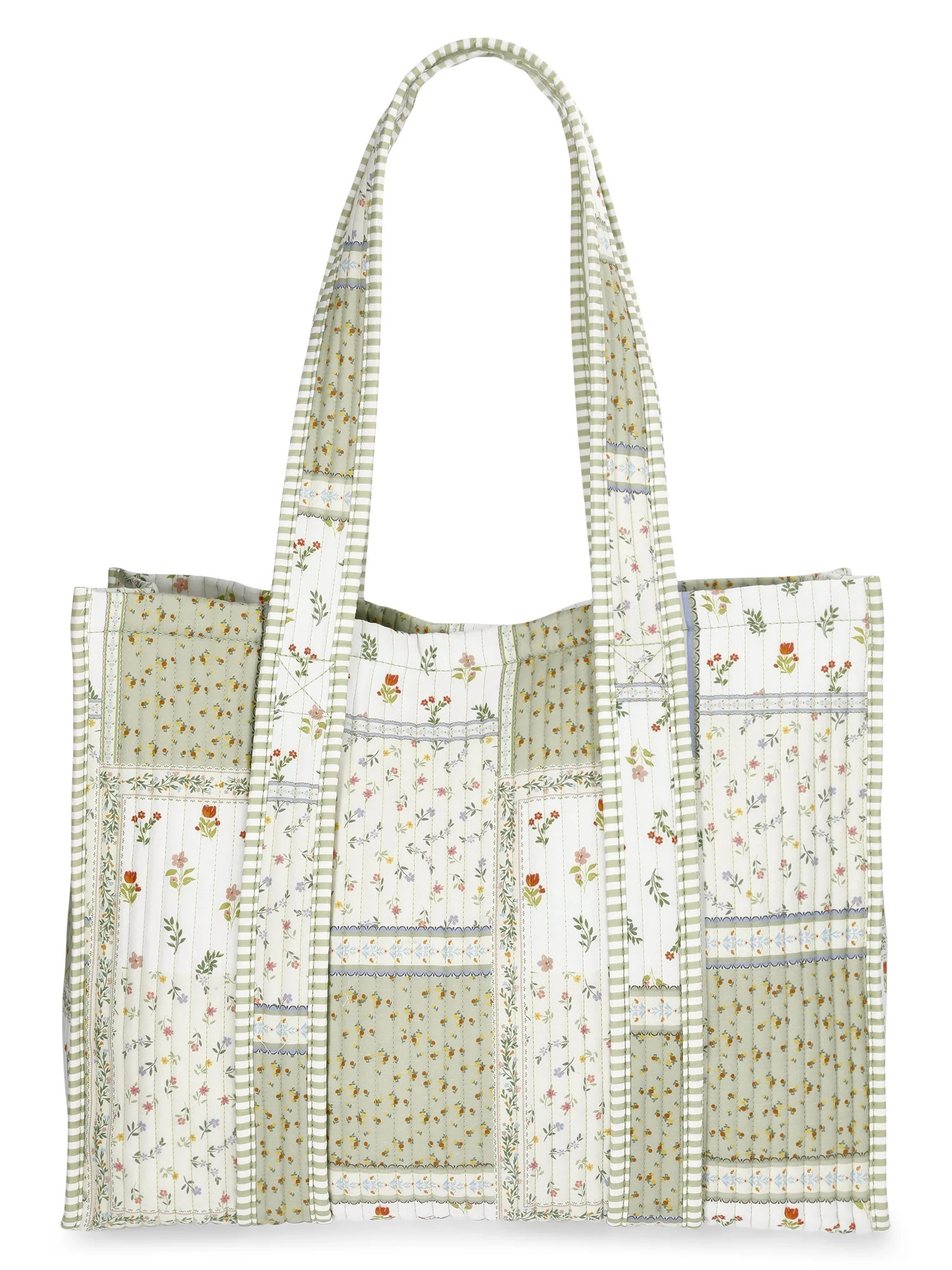 No Boundaries Women's Quilted Tote Bag, Green Patchwork/Stripe | Walmart (US)