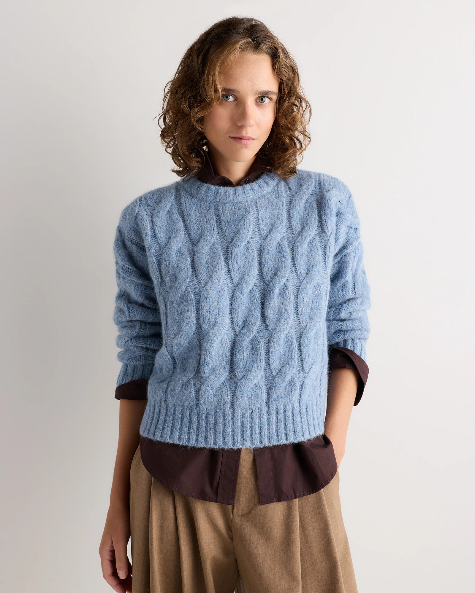 Quince | Women's Lofty Baby Alpaca Relaxed Cropped Cable Crewneck Sweater in Moss Shadow Green, Size XS | Quince