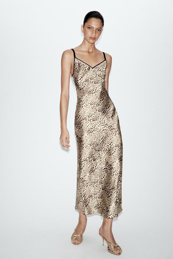 Zara - Animal Print Satin Midi Dress - Multicoloured - M - Woman | Zara UK