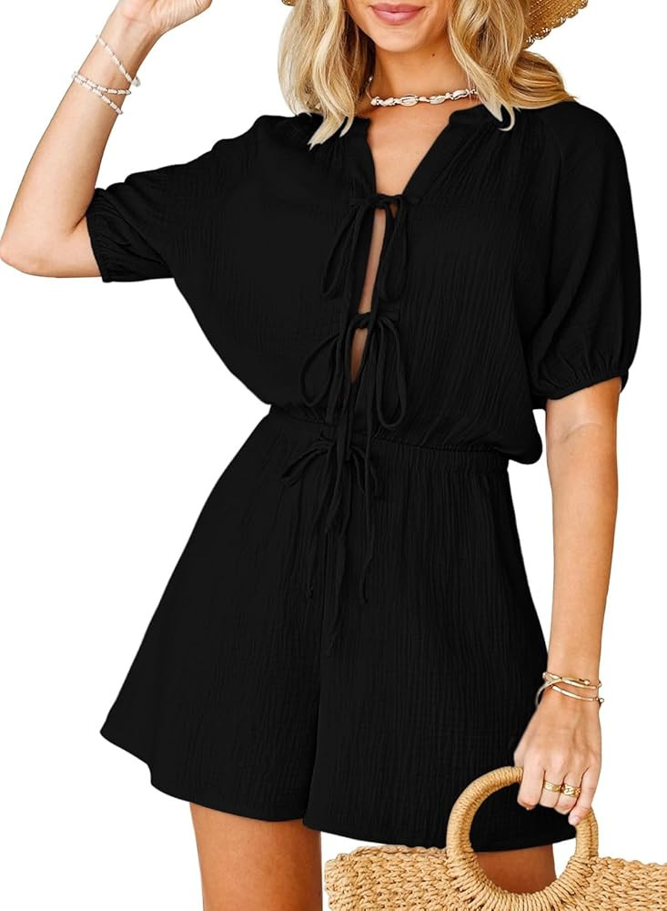 Fixmatti Women Summer Romper - Self Tie V Neck Casual Jumpsuit | Amazon (US)
