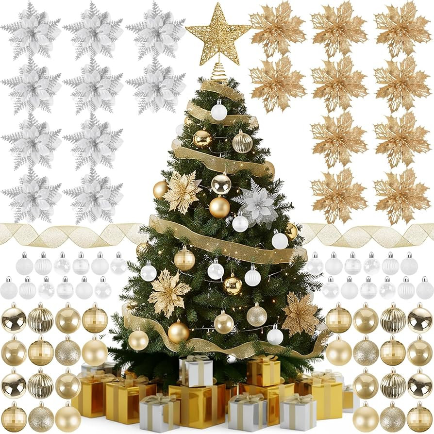 Skylety 104 Pcs Christmas Tree Decorations Set, Gold & Sliver Christmas Hanging Ornament Ball Tre... | Amazon (US)