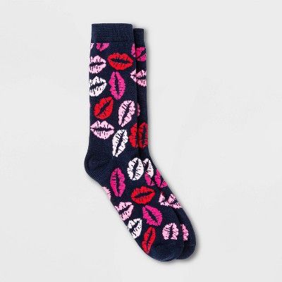 Women's Kisses Valentine's Day Crew Socks - Navy 4-10 | Target