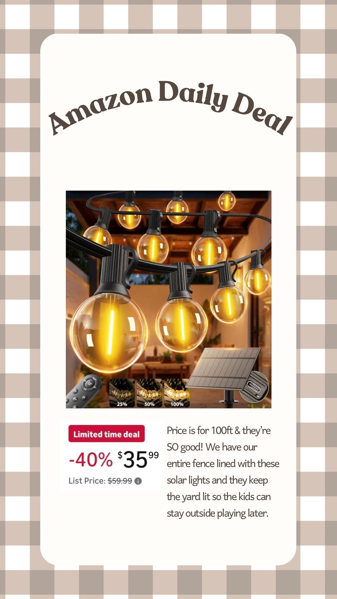 Price is for 100ft & they’re SO good! We have our entire fence lined with these solar lights and they keep the yard lit so the kids can stay outside playing later.

#LTKHome